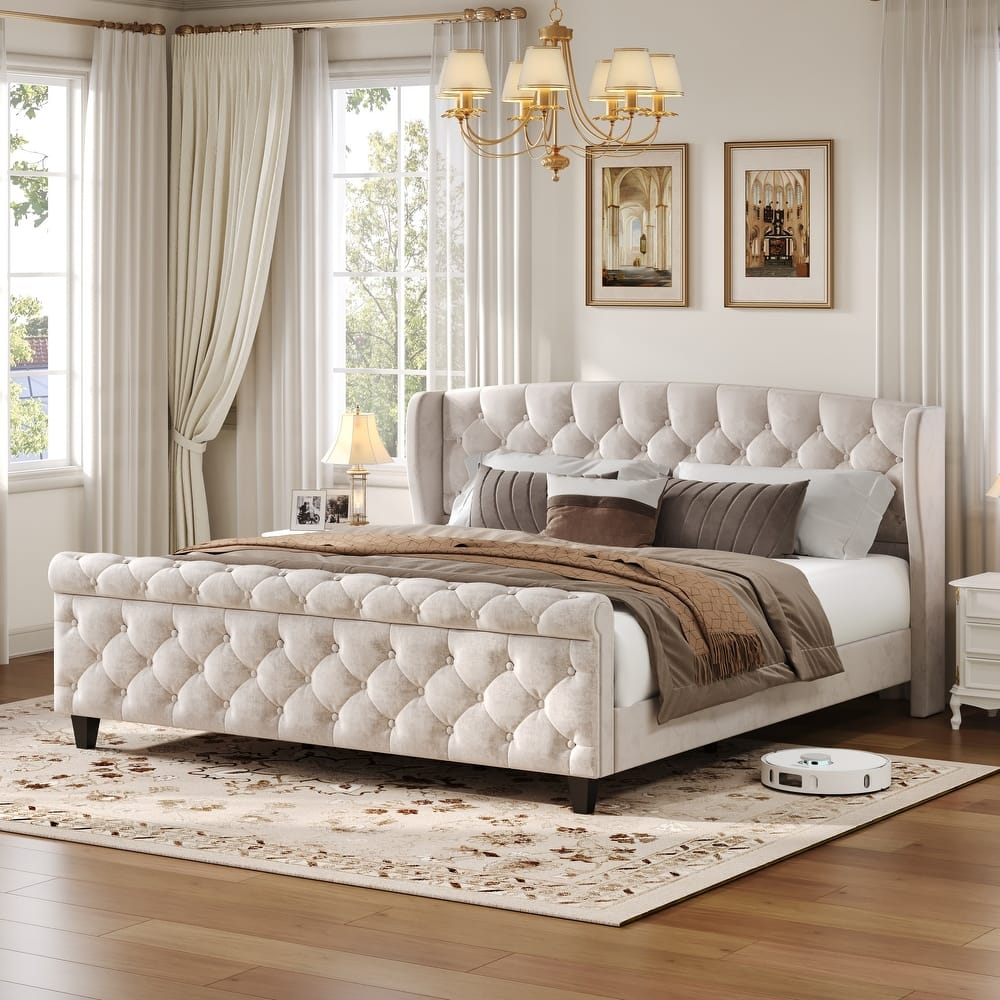 Christopher Knight Home - Amara Traditional Velvet Upholstered Sleigh Bed with Wingback 43" Tall Headboard & Scroll Footboard