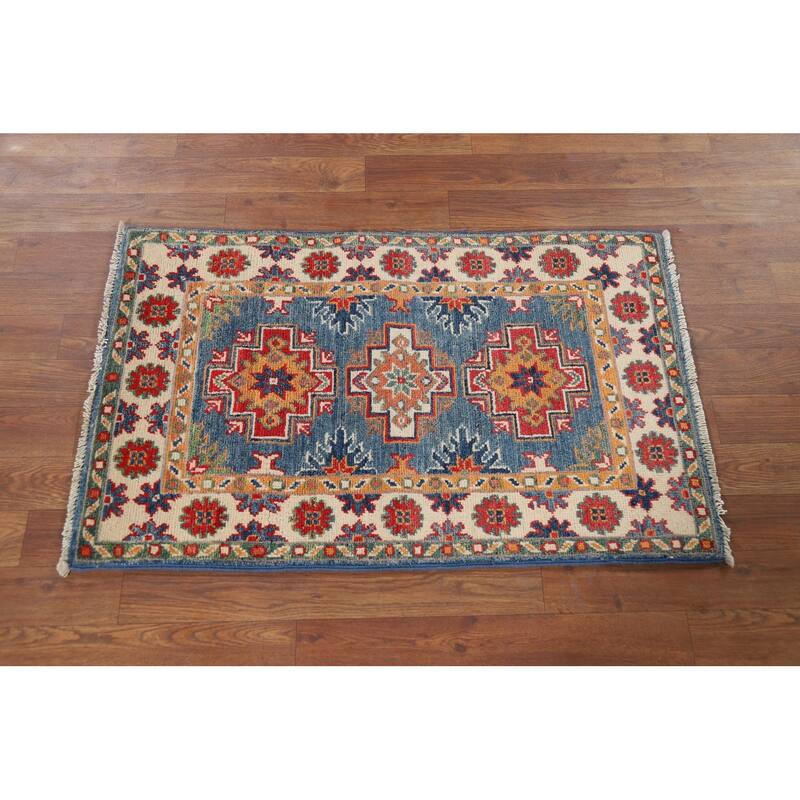 Hand Knotted Oriental 100% Wool Carpet Traditional Geometric Navy Blue & Blues Kazak Area Rug - 3' 1'' X 1' 11''