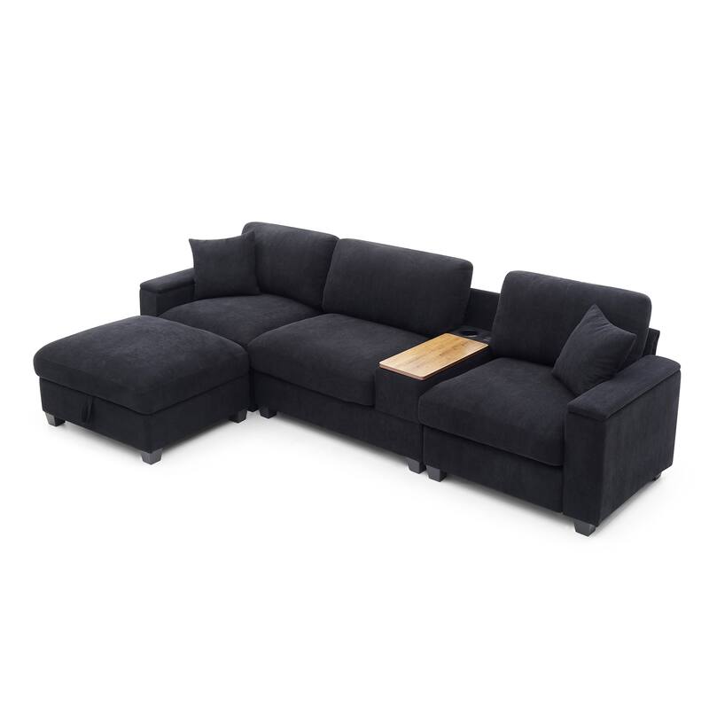 L-Shaped Oversized Couch,Drop Down Table,360-degree Swivel tray,Cup Holders,USB Charger,Storage Ottoman and Armrest