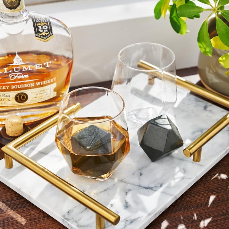 Viski 4 Piece Faceted Tumbler and Hexagonal Basalt Stone Set Set of 2 Crystal Glasses