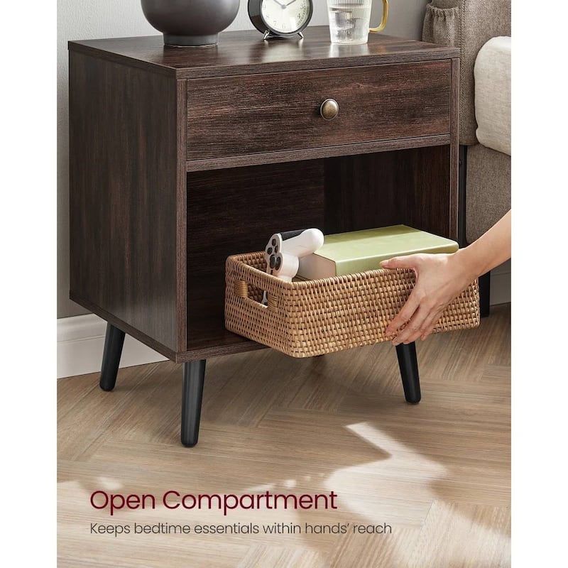 Mid-Century Modern 1-Drawer Nightstand End Table in Dark Brown Wood Finish