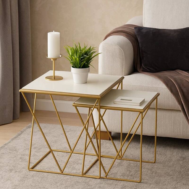 2 Piece Marble Top Nesting Table with Geometric Base, White and Gold
