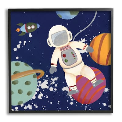 Stupell Playful Astronaut Floating In Space Planets Rocketship Framed Wall Art