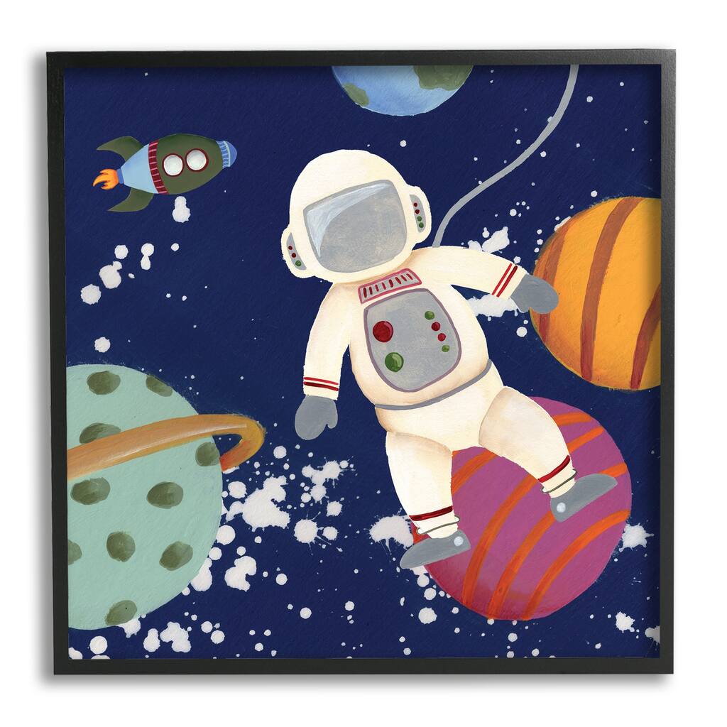 Stupell Playful Astronaut Floating In Space Planets Rocketship Framed Wall Art