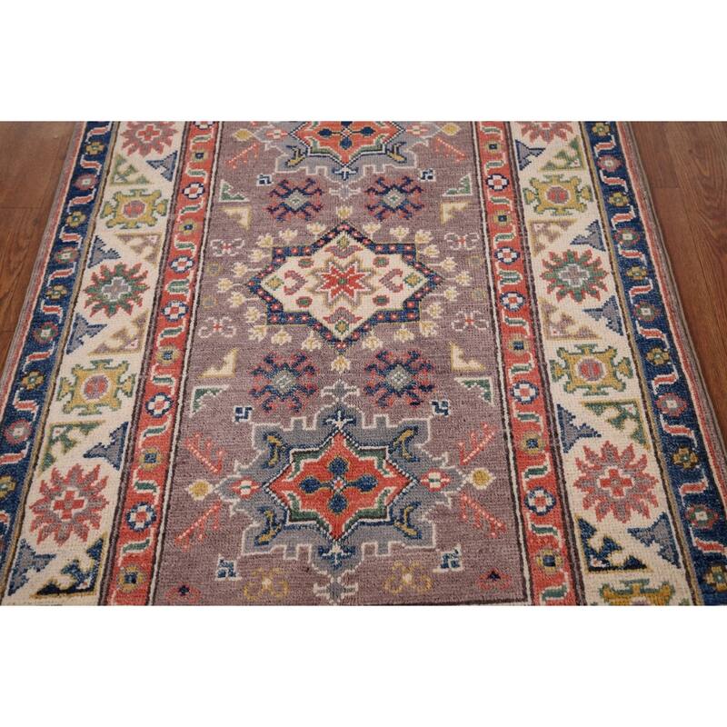 Geometric Brown Kazak Foyer Rug Hand-Knotted Wool Carpet - 2'9" x 4'1"