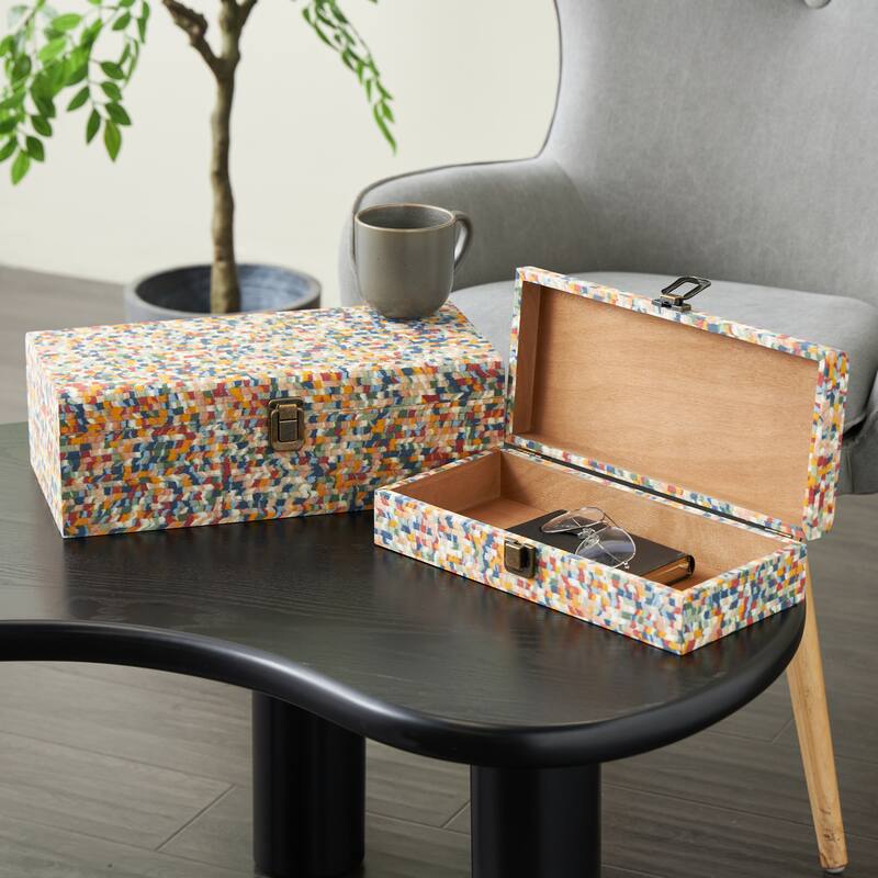 Multi Colored or Gray Wood Handmade Storage Decorative Box with Bronze Latches (Set of 2) - Multi Colored