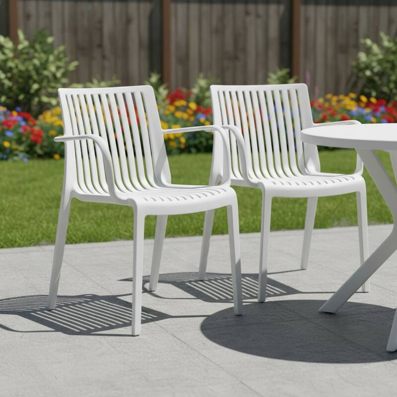 HomeRoots Set of Two White Heavy Duty Plastic Outdoor Stacking Arm Chairs