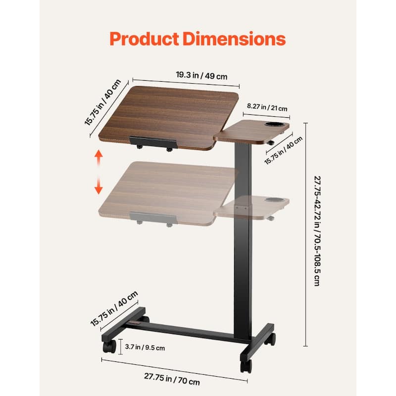 Wood and Black Adjustable Overbed Table with Electric Lift, Tilting Top and Wheels