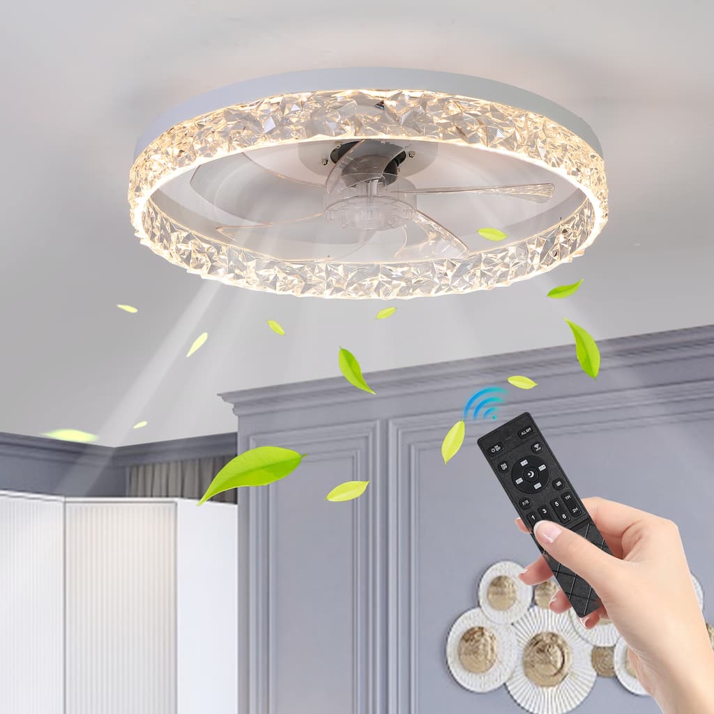 Acrylic Ceiling Fan Light with Remote Control, Dimmable LED Chandelier, 6-Speed Adjustable, Quiet Motor, Flush Mount Design