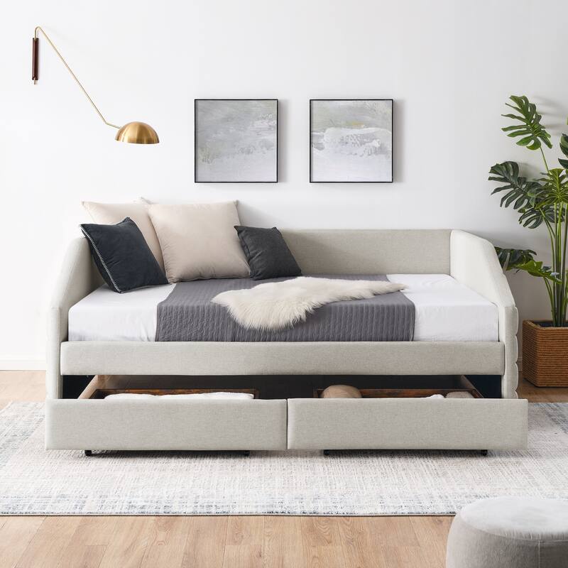 Queen Size Daybed with Two Drawers Trundle Upholstered Tufted Sofa Bed, Linen Fabric