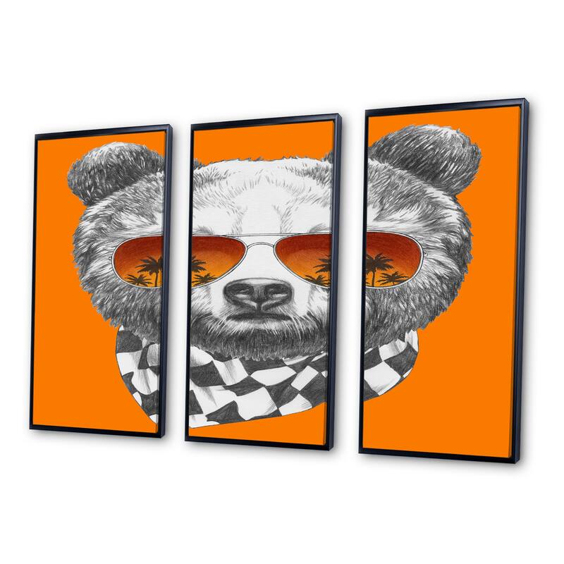 Designart "Funny Bear with Sunglasses" Animal Framed Canvas Wall Art Set of 3 4 Colors of