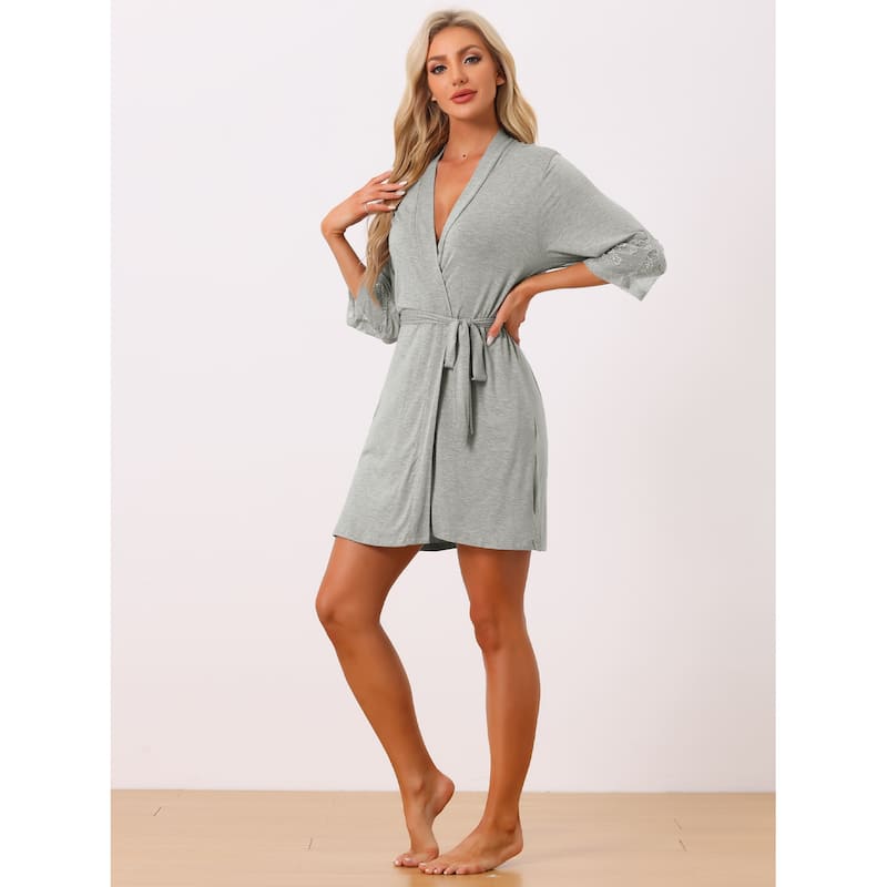 Womens Cotton Robe Lightweight Short Bathrobe Thin Sleepwear Soft Ladies Loungewear - Light Gray - L