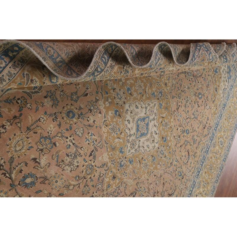 Distressed Floral Kashan Persian Antique Area Rug Handmade Wool Carpet - 9'0" x 12'5"