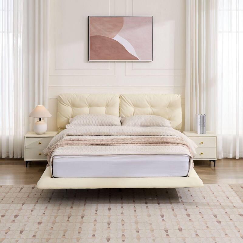 Christopher Knight Home- Lorcan PU Leather Floating Bed Frame with LED Lights and Button-Tufted Headboard