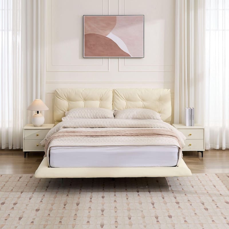 Queen Size Upholstered Floating Bed Frame with LED Lights, Platform Bed with Button-Tufted Headboard, No Box Spring Needed