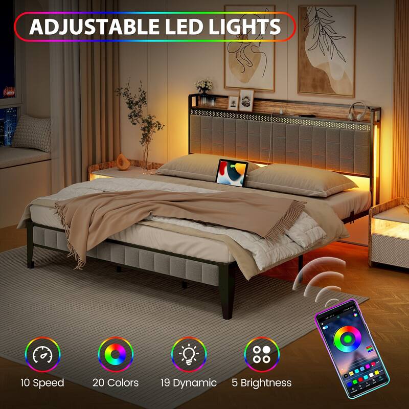 Bed Frame with LED Light and Storage Headboard