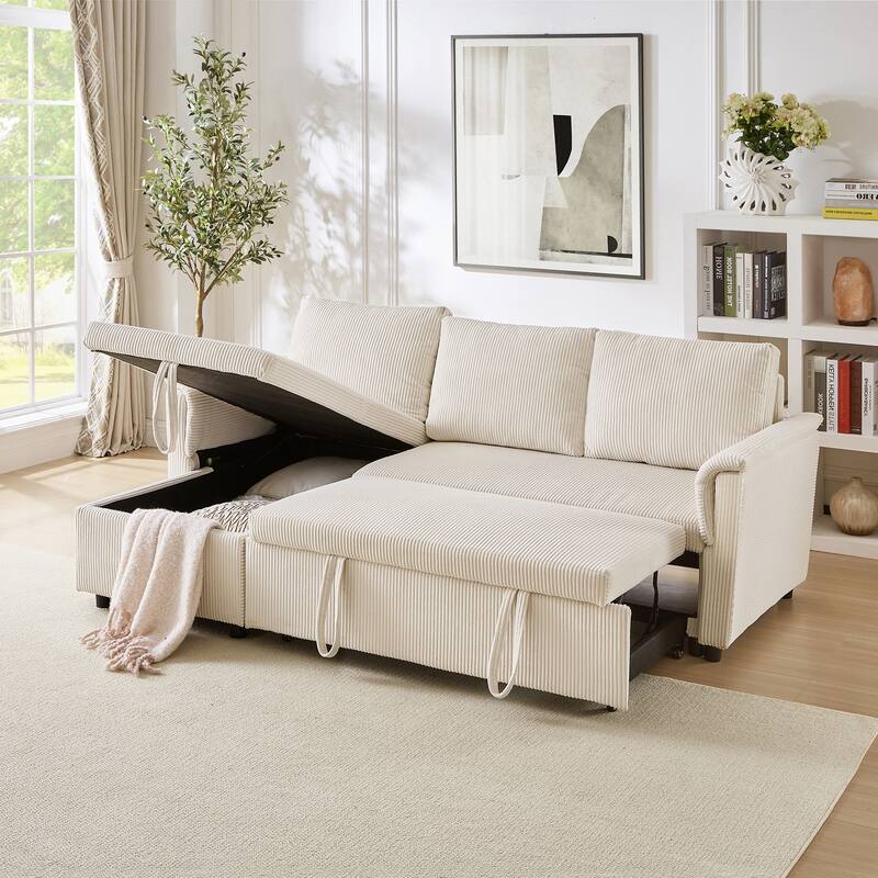 Convertible Corduroy Modular Loveseat Pull-Out Sleeper with Storage Chaise and Reclining Backrest for Living Room