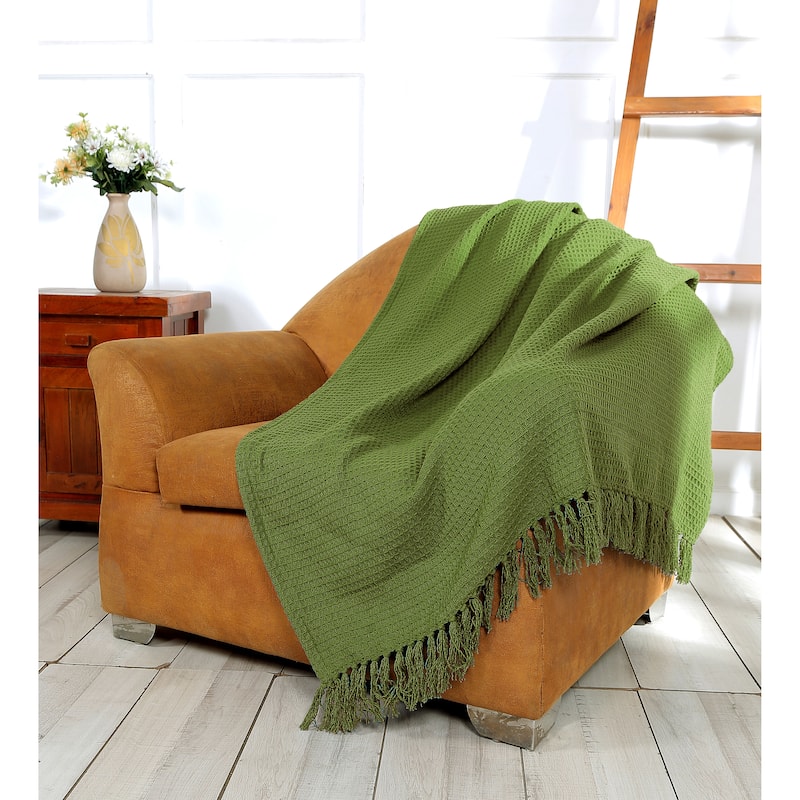 Luxurious Soft Cozy All Season Light Weight Cotton Waffle Weave Throw Blanket with Fringes - 70x50 Inches - Sage