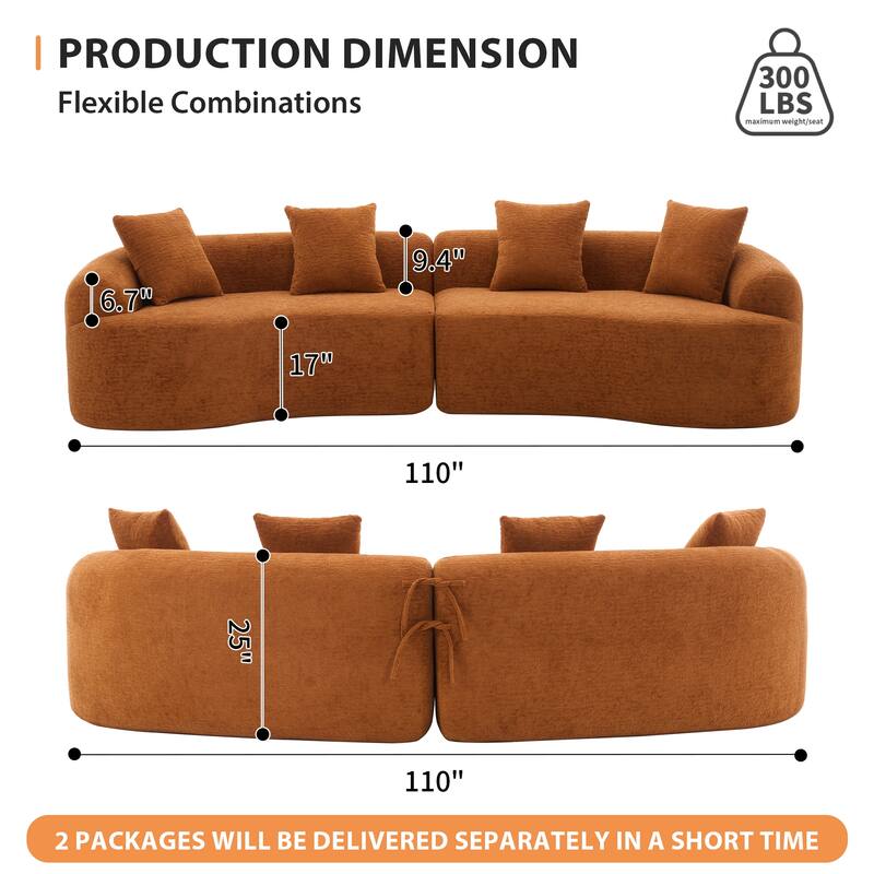 110" Curved Boneless Modular Sectional Sofa, Compression High-Density Foam Couch Sleeper for Living Room & Apartment