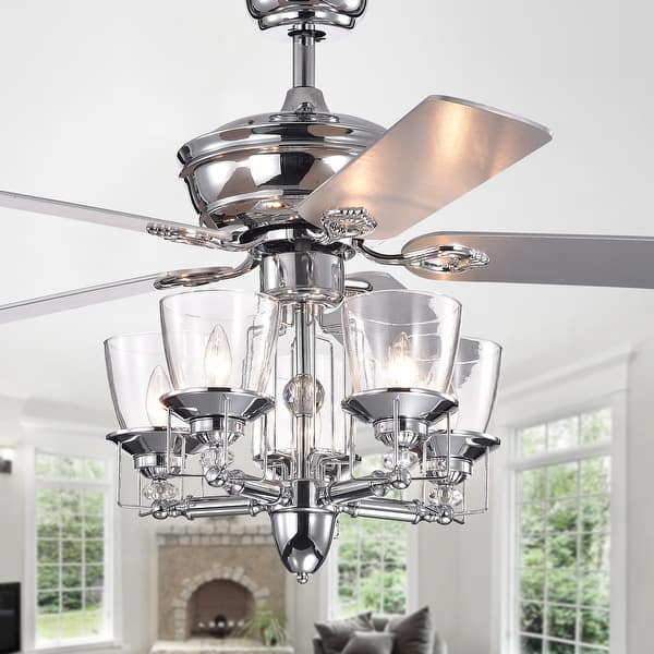 Monothan Chrome Lighted Ceiling Fan with Glass Cup Branched Chandelier ...
