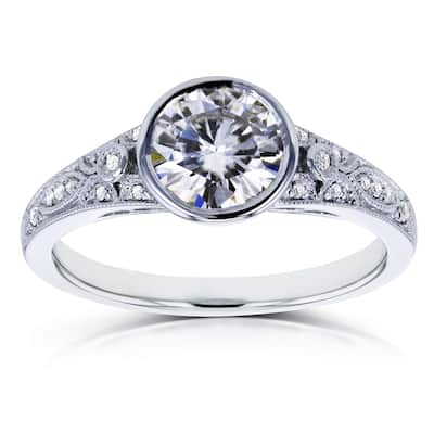 Kobelli 1.12 Carats Moissanite & Natural Diamond Solid 14k White Gold Vintage Style Low Bezel Set Lucille Ring