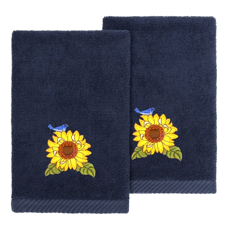 Authentic Hotel and Spa 100% Turkish Cotton Girasol 2PC Embellished Fingertip Towel Set - Marine