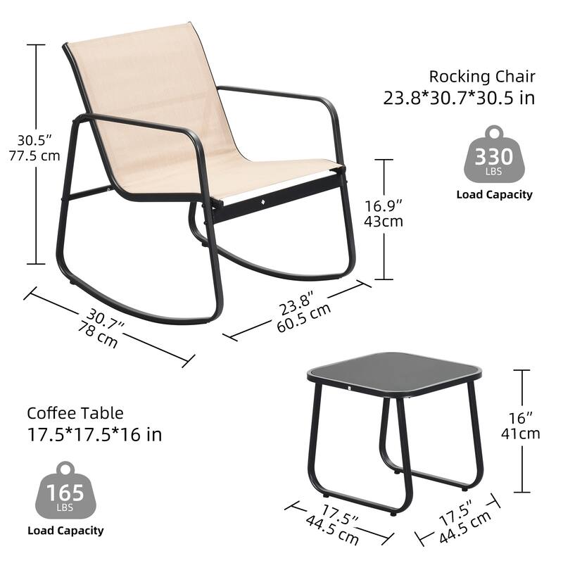 Moasis 3 Piece Rocking Patio Furniture Bistro Set with Chairs and Glass Table
