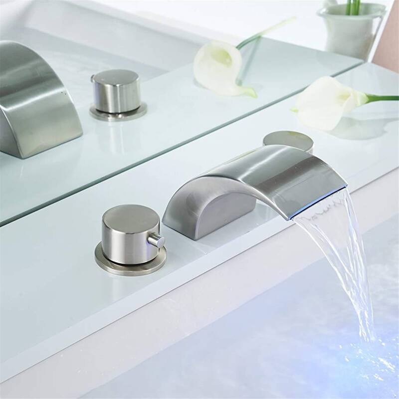 LED Widespread Bathroom Faucet With Drain Assembly 3 Holes Waterfall Bathroom Sink Faucets WIth Light 2 Handle Basin Vanity Tap