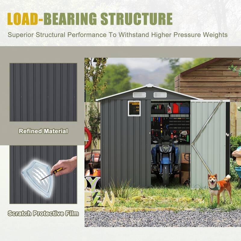 6x8FT Outdoor Steel Storage Shed with Clear Window, Lockable Doors, Compact Metal Tool Shed for Garden