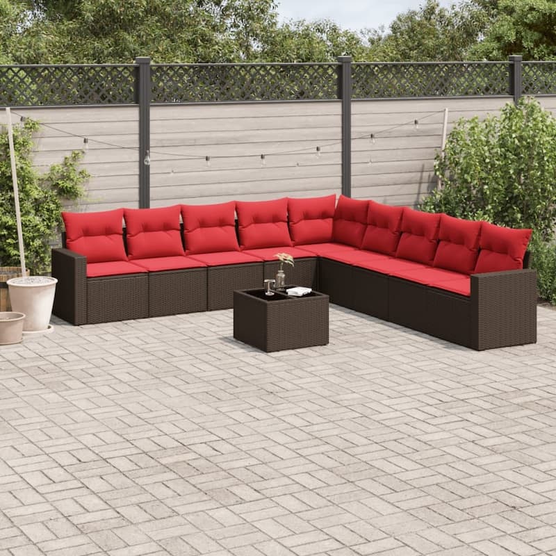 vidaXL Patio Sofa Set with Cushions Outdoor Conversation Furniture Poly Rattan - 25.8" x 24.4" x 27.2" - Brown and red with table