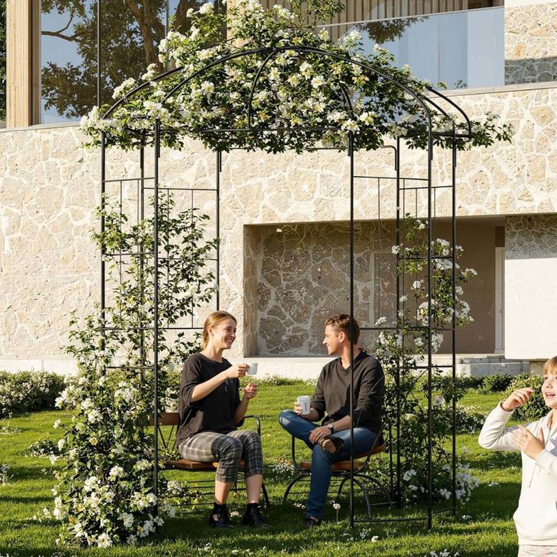 Birdcage 8.8 ft Black Metal Garden Arbor Pergola for Climbing Roses & Vines
