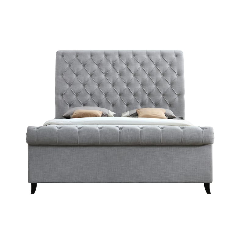 Magnolia Queen Size Bed, Tufted Upholstered Rolled Top Headboard, Gray