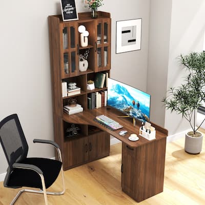 L-Shaped Corner Computer Desk for Home Office or Study desk, Study Modern Style Table with Drawers, Bookshelf & Hutch