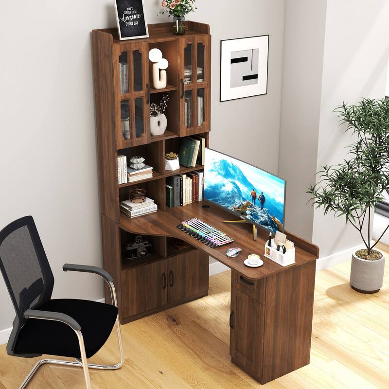 Roomfitters L-Shaped Corner Computer Desk with Hutch, Bookshelf & Cabinets, 2-in-1 Home Office Study Table with Drawer, Walnut