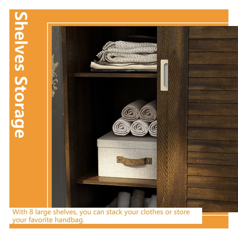 Closet Cabinet Wardrobe Armoire with Drawers, Hanging Rod Brown