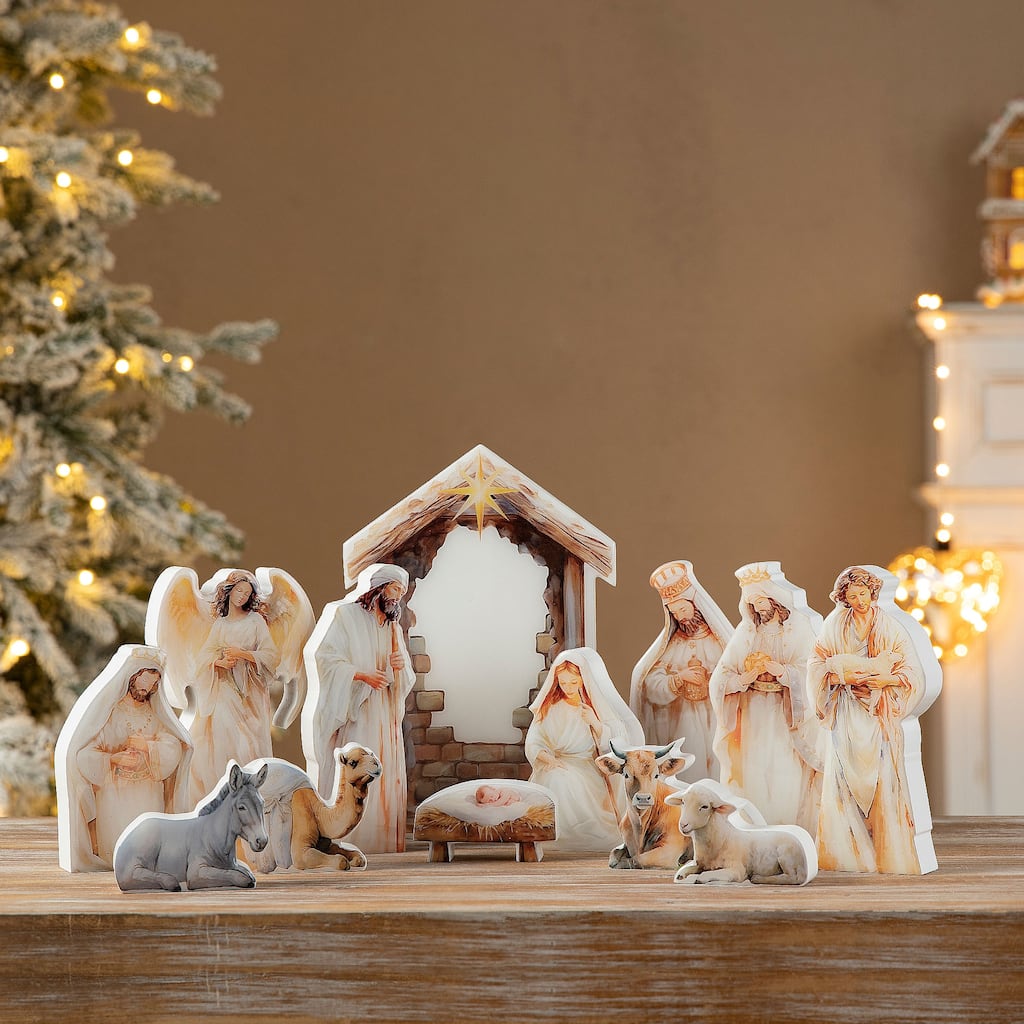 Glitzhome 13 Piece Christmas Wooden & Resin Nativity Figurine Set