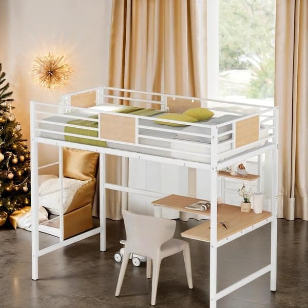 slide 2 of 30, Twin Metal Loft Bed with Desk and Shelve,Black Space-Saving Design Muti-Functional Loft Bed With 4-Step Ladder Black