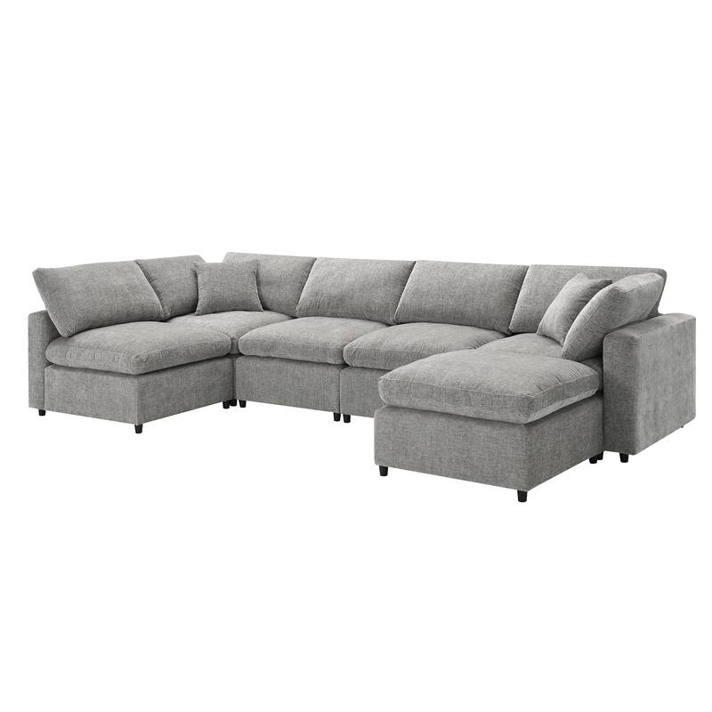 130" Chenille Modular Cloud Sofa with Ottoman, U-Shaped 6-Seater, 330lb Capacity