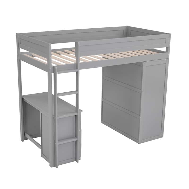 Merax Wood Loft Bed with Wardrobes and 2-Drawer Desk with Cabinet