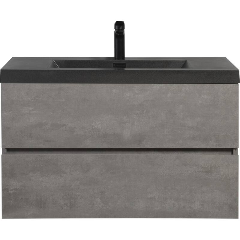 24/30/36/48/60 inch Melamine Floating Bathroom Vanity with Sink and Black Quartz Sand Top Basin and Soft Close Drawers