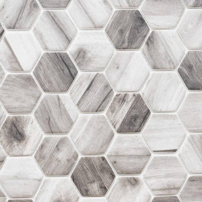 The Tile Life Recycled 1.88x1.88 Grey Hexagon Wood Look Glass Mosaic Backsplash Wall Tile