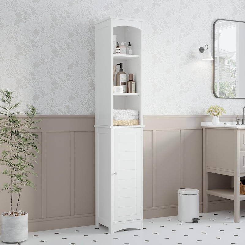 64.17"Tall Bathroom Storage Cabinet with Adjustable Shelves,Slim 1 Doors Freestanding Cabinet with Anti-Tip, Open compartments