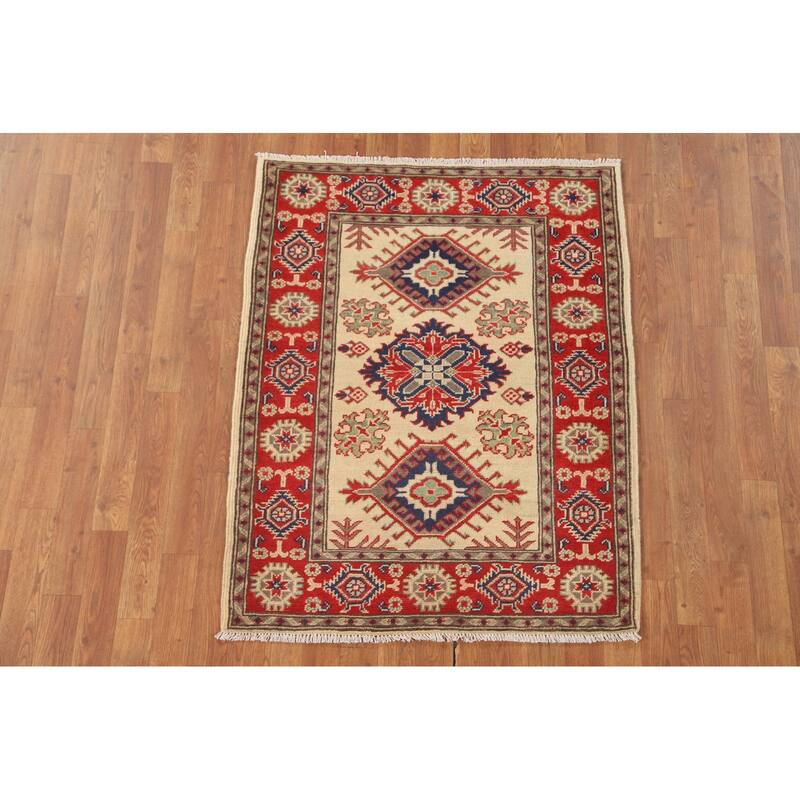 Geometric Kazak Accent Rug Hand-Knotted Beige Wool Carpet - 3'2" x 4'1"