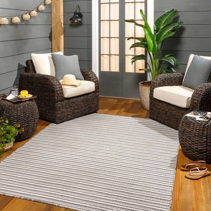 Livabliss Hampton Indoor/ Outdoor Classic Striped Area Rug - 7'7" Square - Black/Ivory