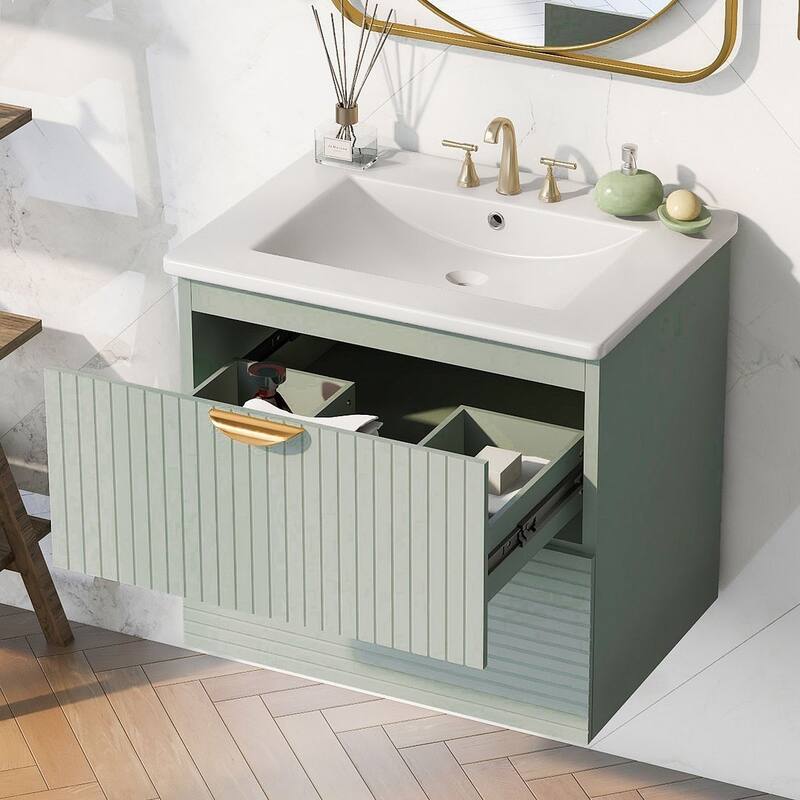 24” Modern Wall Mounted Bathroom Vanity with Ceramic Sink and 2 Drawers