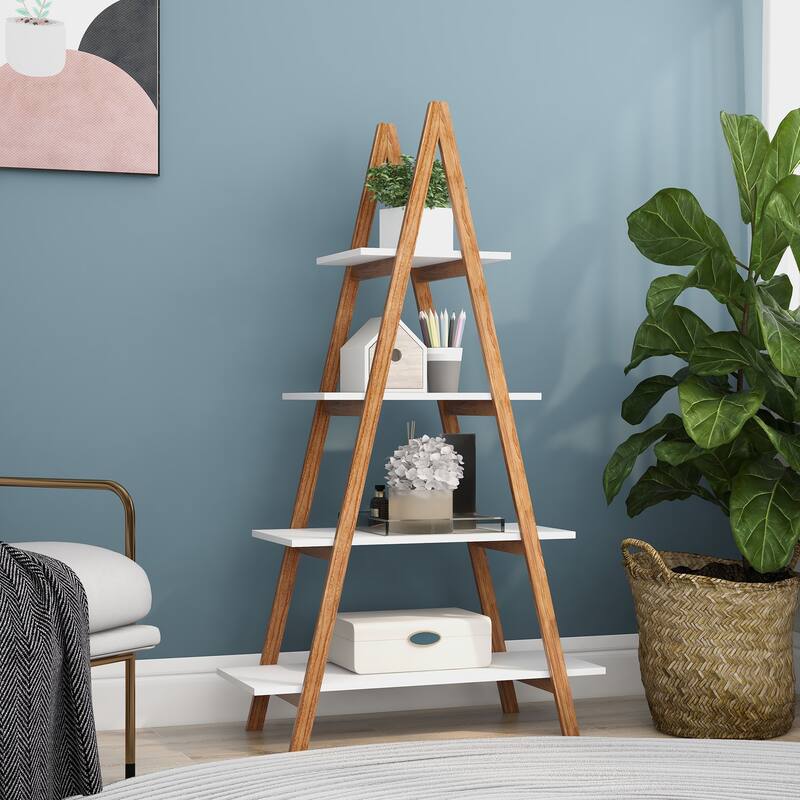 4-Tier Solid bamboo Wood "A" Frame Ladder Display Bookshelf