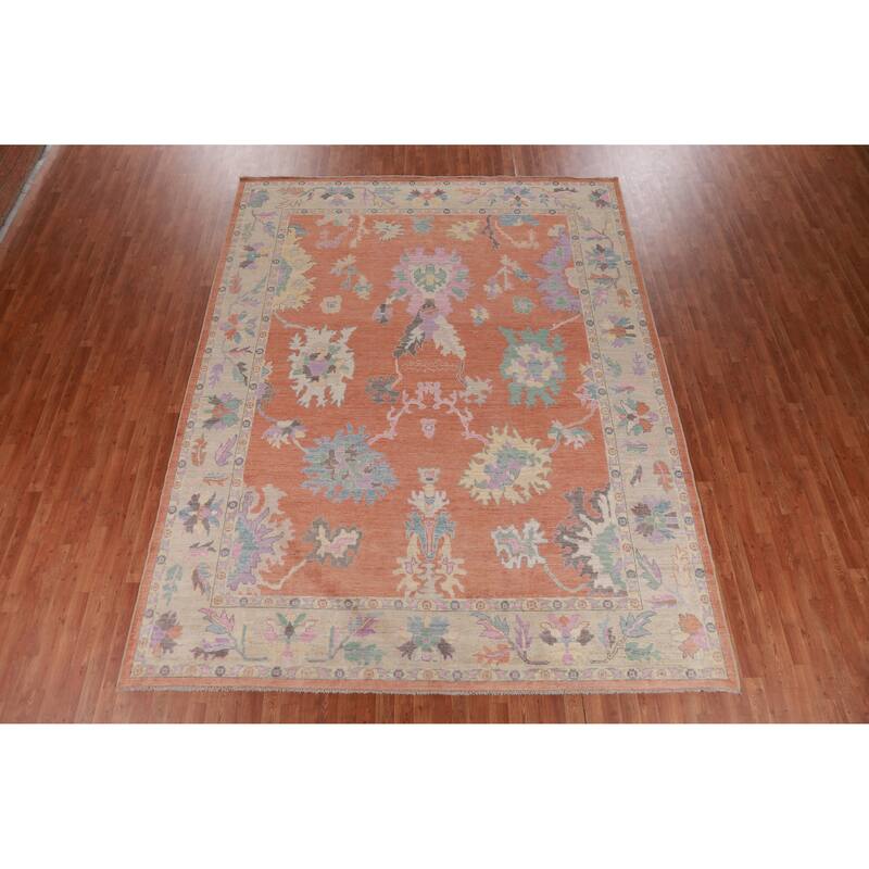 Hand Knotted Oriental 100% Wool Carpet Transitional All-Over Oranges & Rust Oushak Area Rug - 11' 9'' X 9' 4''