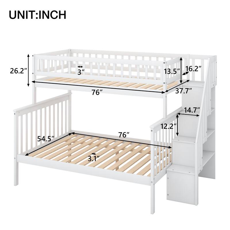 Stairway Twin Over Full Bunk Bed with 2 Drawers & Storage Stair, Solid Wood Bunkbeds Frame for Kids/Teens, Twin Over Full Size