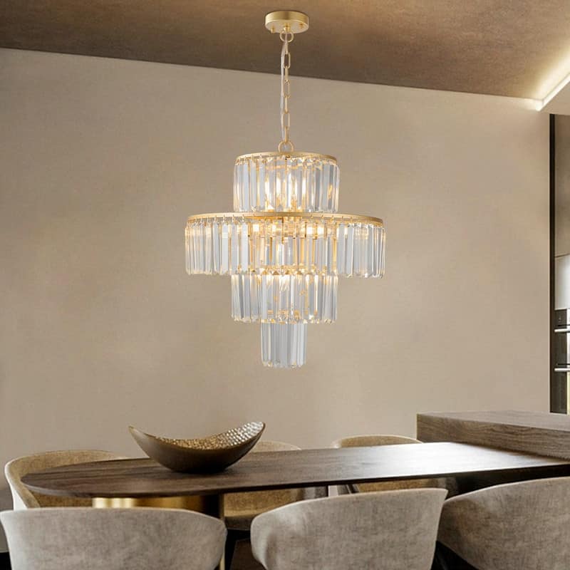 20-Inch Luxury Four-Tier Crystal Chandelier, 12-Light Gold Frame Pendant Ceiling Light, Elegant Illumination(No Bulbs) - 20"