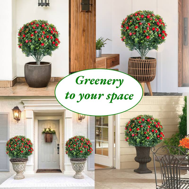 2 FT Artificial Topiary Flower Ball Trees with Ground Spike, Set of 2 Fake Rose Flowers Shrubs with Stake for Outdoor